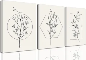 TBKHUDBI Neutral Botanical Canvas Wall Art Minimalist Beige Flower Poster Prints Set of 3 Boho Plant Painting Pictures Decor Abstract Line Leaf Artwork for Bathroom Bedroom Living Room 12"x16" Framed