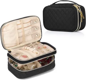 Teamoy Double Layer Jewelry Organizer, Jewelry Travel Case for Rings, Necklaces, Earrings, Bracelets and More(Small, Quilted-Black)