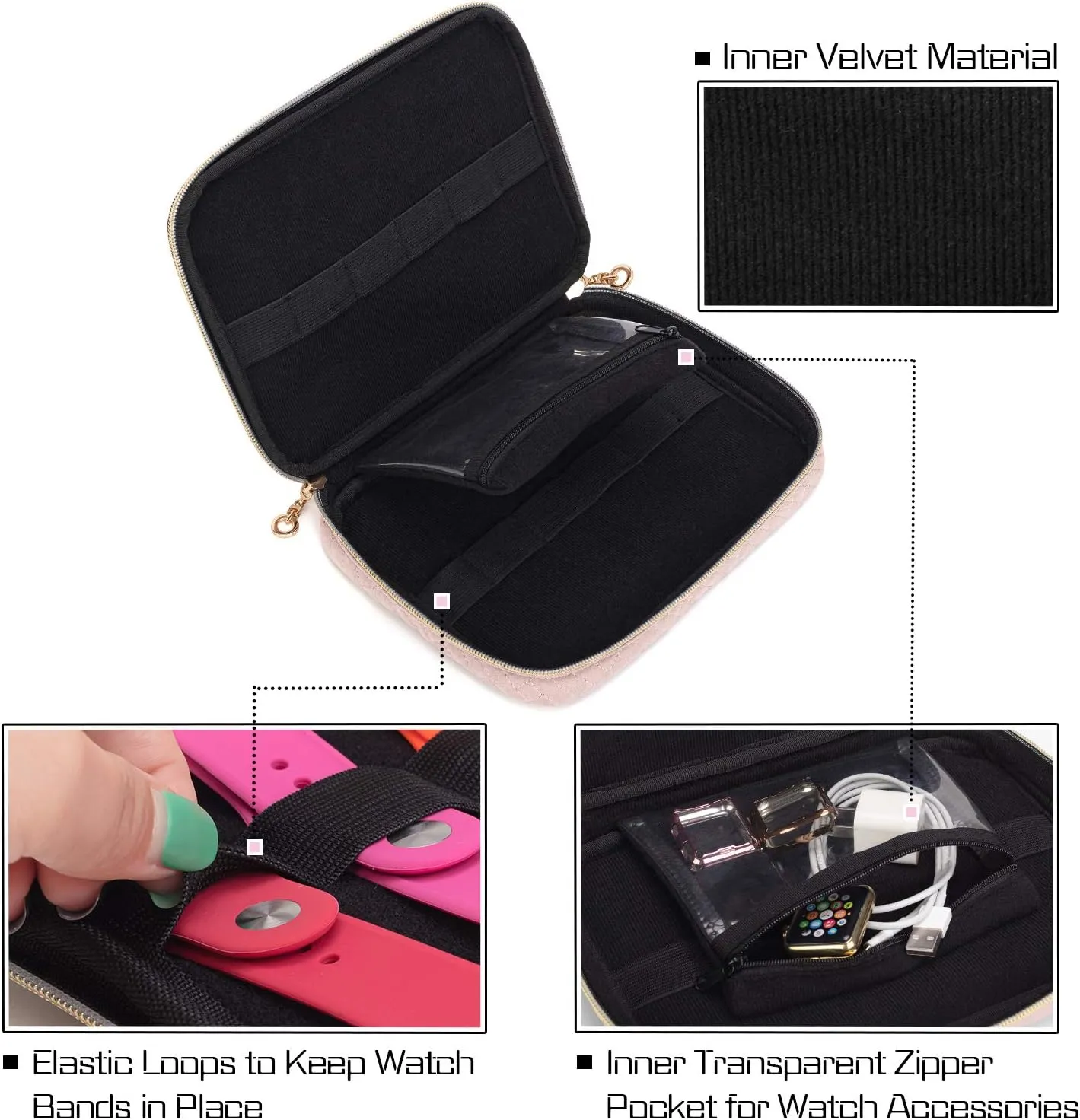 Teamoy Watch Band Storage Case Holds 12 Watch Straps, Travel Organizer Bag Compatible for All Series Apple Watch Bands or Smart Watch Bands, Misty Rose