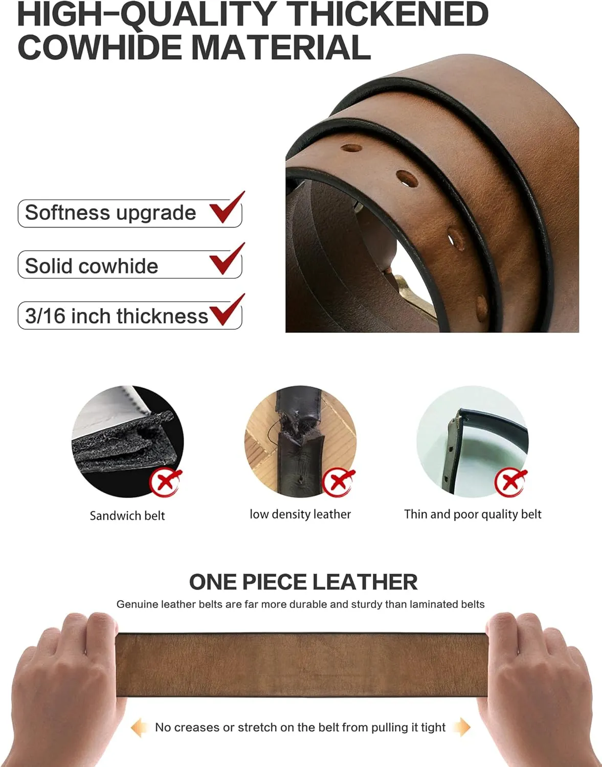 Thicken Full Grain Leather Mens Belt Heavy Duty Work Belt High Hardness Buckle Packed In Gift Box