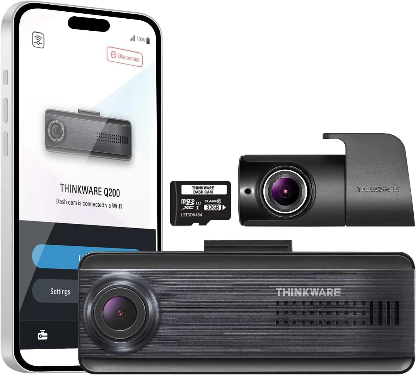 THINKWARE Q200 2CH Dash Cam 2K Front 1080P Rear Car Dashboard Camera, WiFi, WDR, Speed Red Light Alerts, ADAS, 256GB Max, Parking Monitor, Night Vision (32GB MicroSD, 12V Cigar, Hardwiring Cable, GPS)