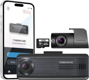 THINKWARE Q200 2CH Dash Cam 2K Front 1080P Rear Car Dashboard Camera, WiFi, WDR, Speed Red Light Alerts, ADAS, 256GB Max, Parking Monitor, Night Vision (32GB MicroSD, 12V Cigar, Hardwiring Cable, GPS)
