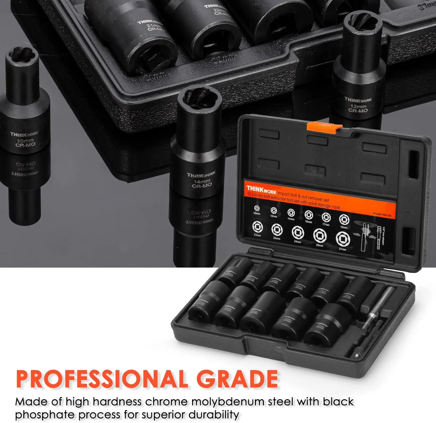 THINKWORK 1/2 Inch Drive Lug Nut Removal Tool, 13 Pieces Wheel Lock Removal Kit, Lug Nut Remover for Stripped, Rounded, Damaged, Frozen, Rusted Bolts