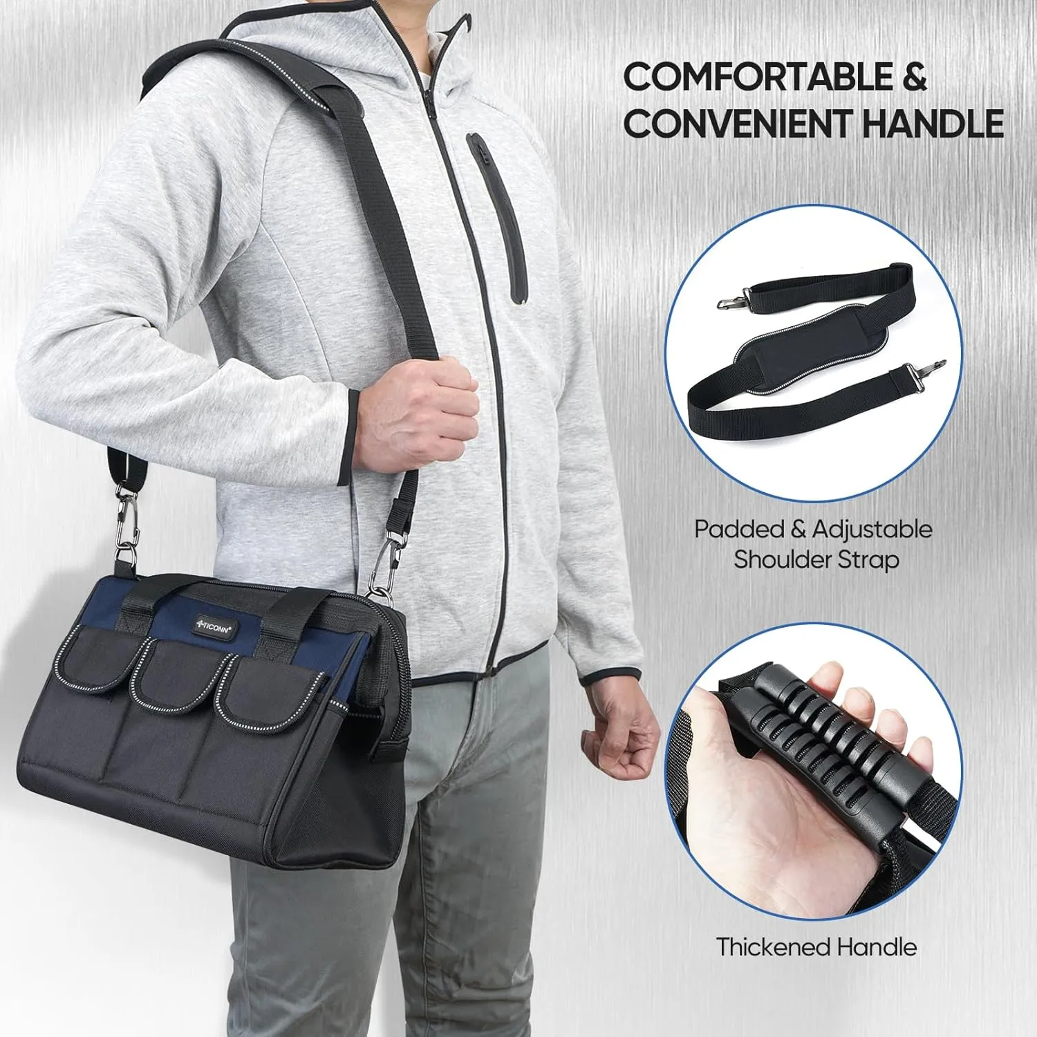 TICONN Heavy Duty Tool Bag with Multi-Pockets, Portable Tool Box Organizer Storage Bag, with Adjustable Shoulder Strap and Ergonomic Handle (Blue, 12" Standard Base)