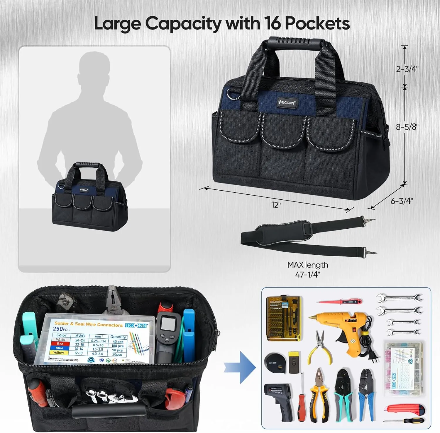 TICONN Heavy Duty Tool Bag with Multi-Pockets, Portable Tool Box Organizer Storage Bag, with Adjustable Shoulder Strap and Ergonomic Handle (Blue, 12" Standard Base)