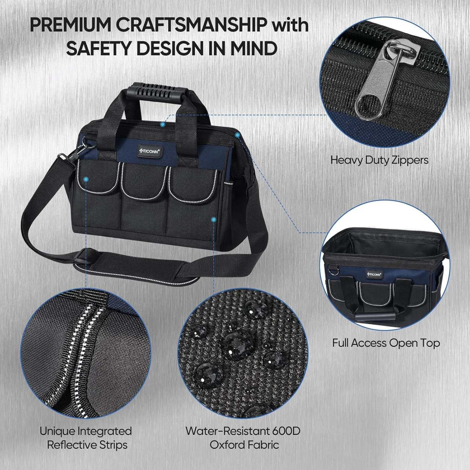 TICONN Heavy Duty Tool Bag with Multi-Pockets, Portable Tool Box Organizer Storage Bag, with Adjustable Shoulder Strap and Ergonomic Handle (Blue, 12" Standard Base)