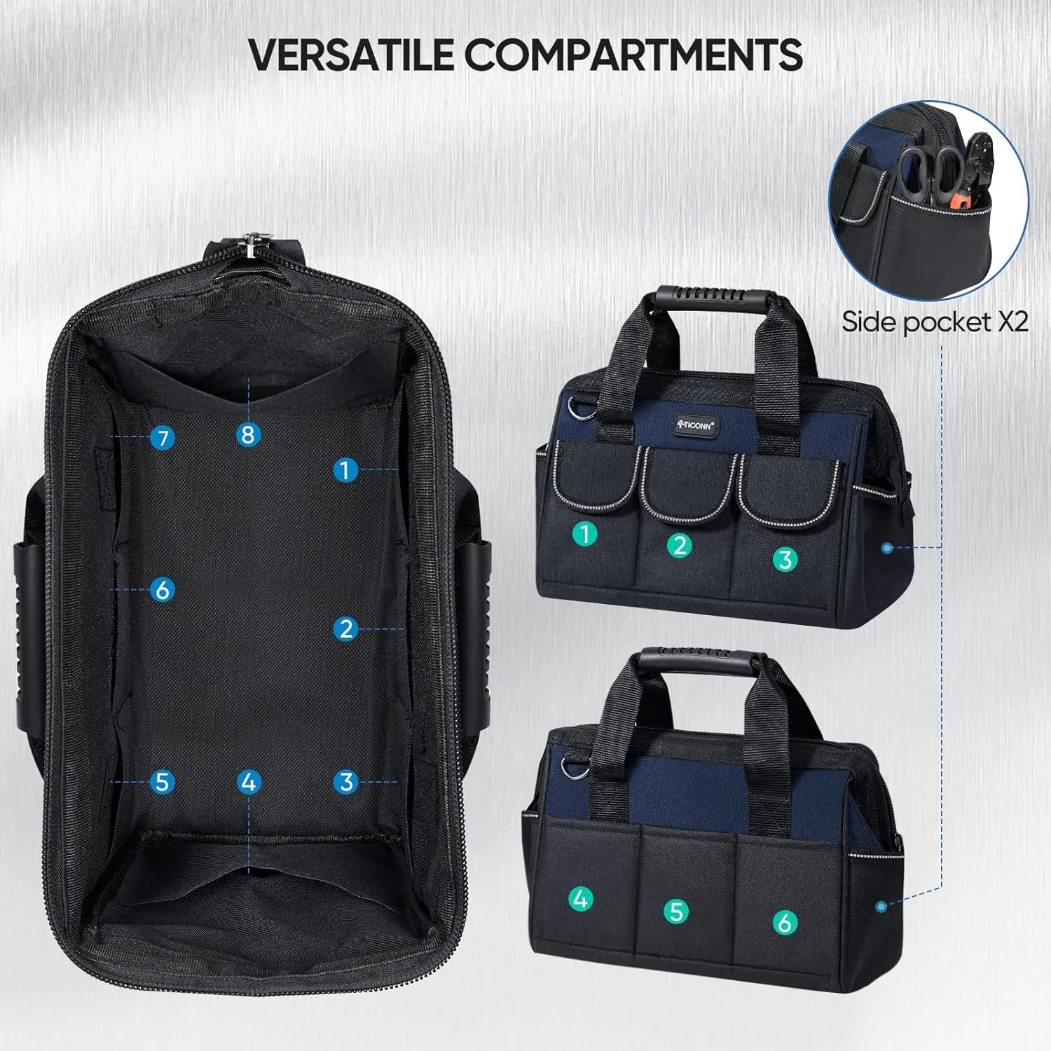 TICONN Heavy Duty Tool Bag with Multi-Pockets, Portable Tool Box Organizer Storage Bag, with Adjustable Shoulder Strap and Ergonomic Handle (Blue, 12" Standard Base)