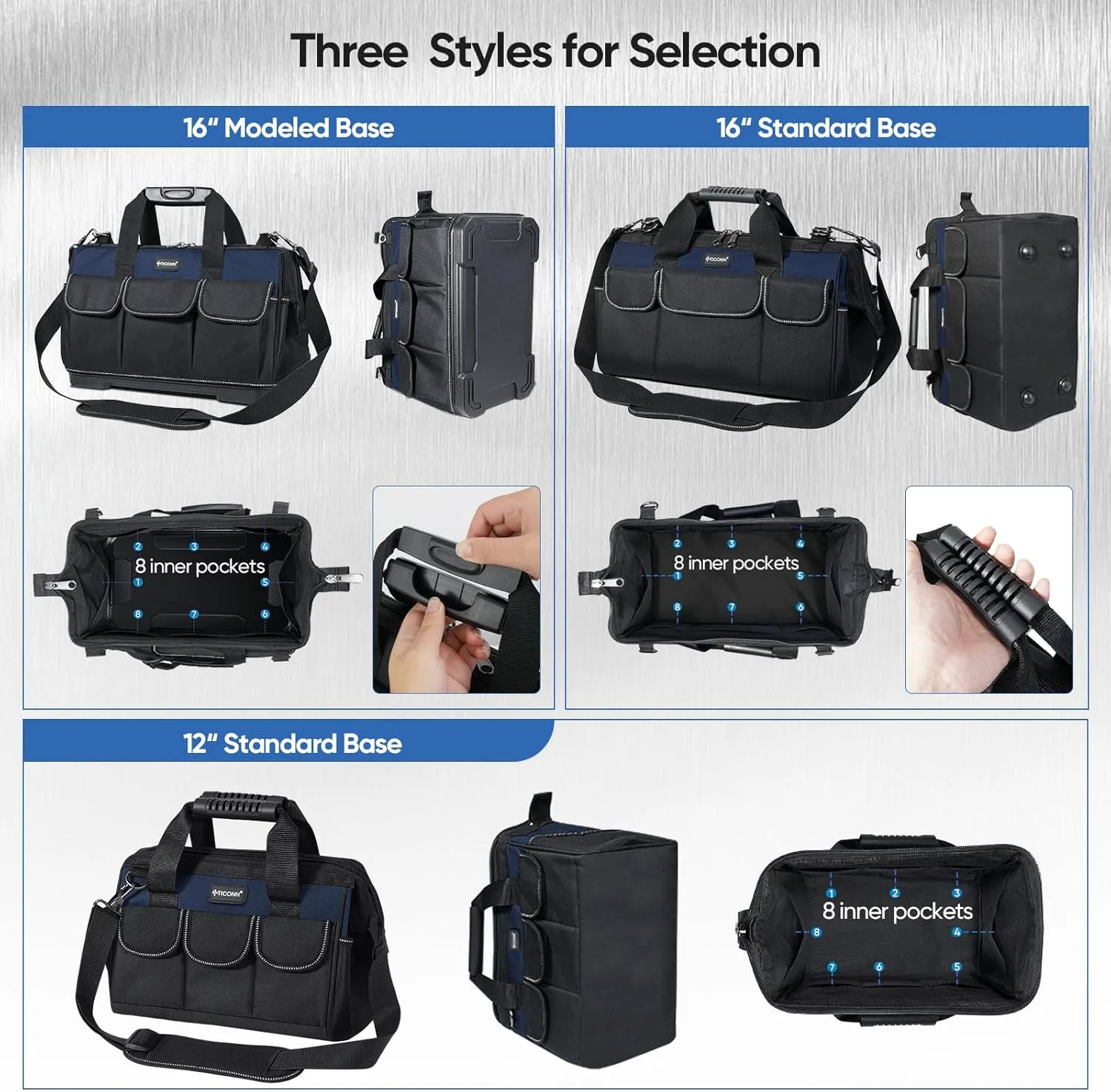 TICONN Heavy Duty Tool Bag with Multi-Pockets, Portable Tool Box Organizer Storage Bag, with Adjustable Shoulder Strap and Ergonomic Handle (Blue, 12" Standard Base)