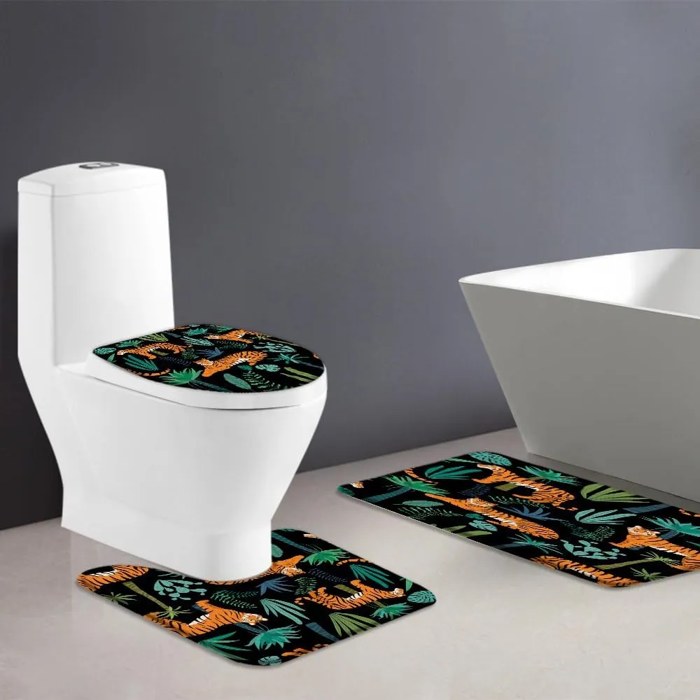 Tiger 3 Piece Bath Mat Sets,Tropical Plant Green Palm Leaf Wildlife Leopard Animal Jungle Black 16"x24"Bath Rug,Toilet Seat Cover, U-Shaped Toilet