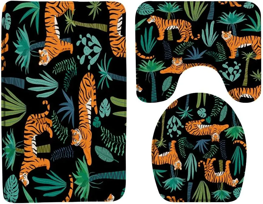 Tiger 3 Piece Bath Mat Sets,Tropical Plant Green Palm Leaf Wildlife Leopard Animal Jungle Black 16"x24"Bath Rug,Toilet Seat Cover, U-Shaped Toilet