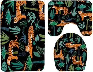 Tiger 3 Piece Bath Mat Sets,Tropical Plant Green Palm Leaf Wildlife Leopard Animal Jungle Black 16"x24"Bath Rug,Toilet Seat Cover, U-Shaped Toilet