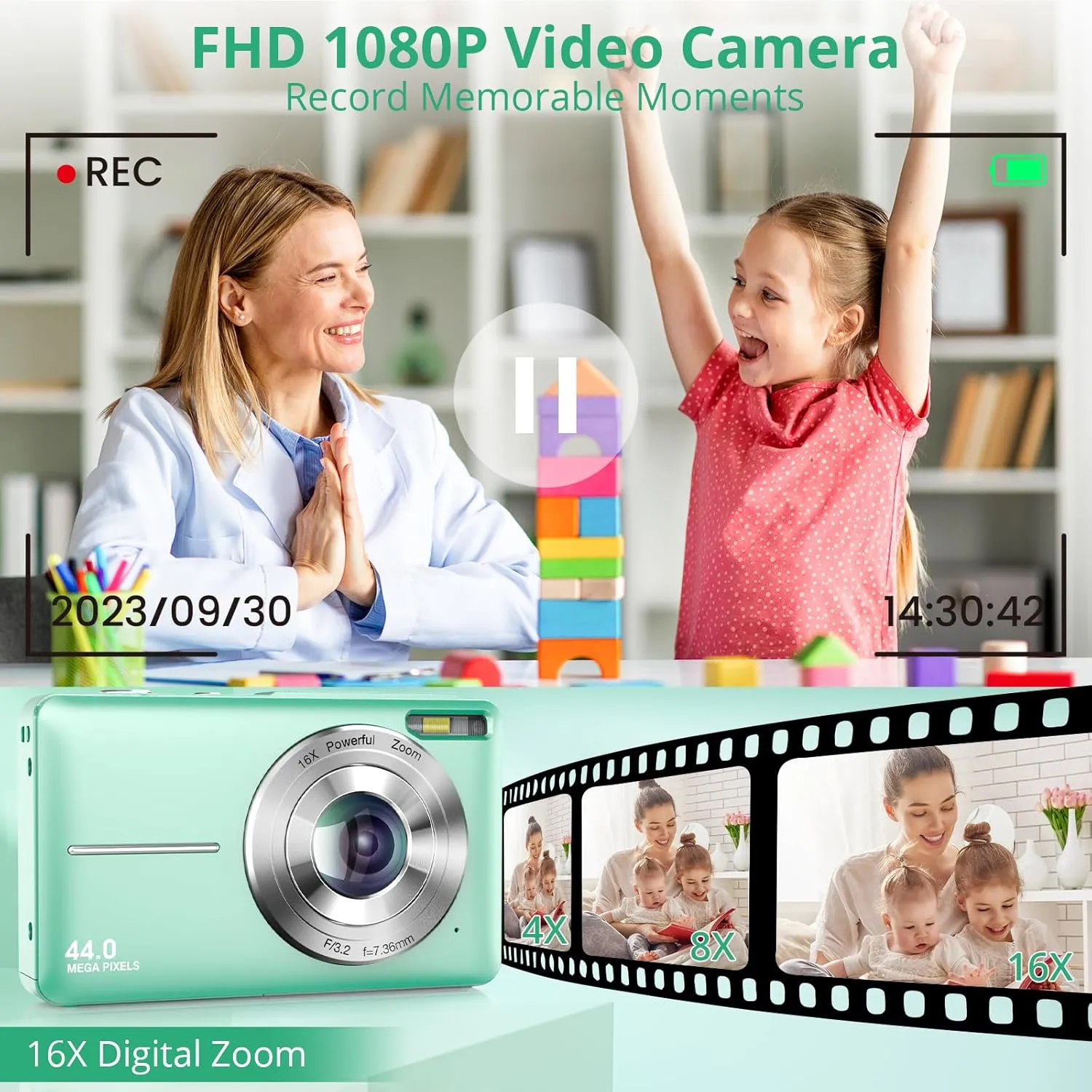 Toberto Digital Camera, 1080P 44MP Digital Cameras, Point and Shoot Camera for Kids with 16X Zoom, Anti-Shake, Compact Small Travel Camera for Beginner Children Boys Girls Teens (Green)