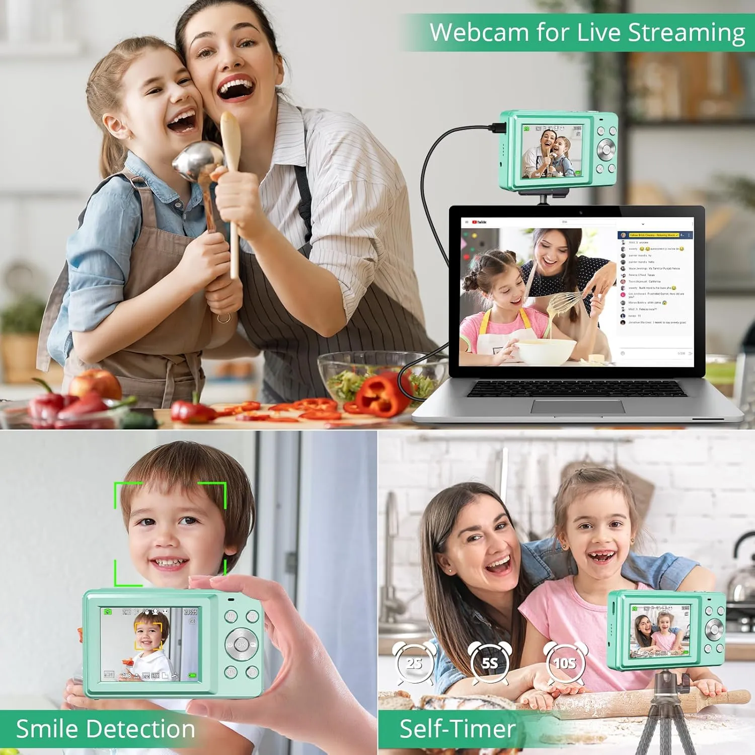 Toberto Digital Camera, 1080P 44MP Digital Cameras, Point and Shoot Camera for Kids with 16X Zoom, Anti-Shake, Compact Small Travel Camera for Beginner Children Boys Girls Teens (Green)