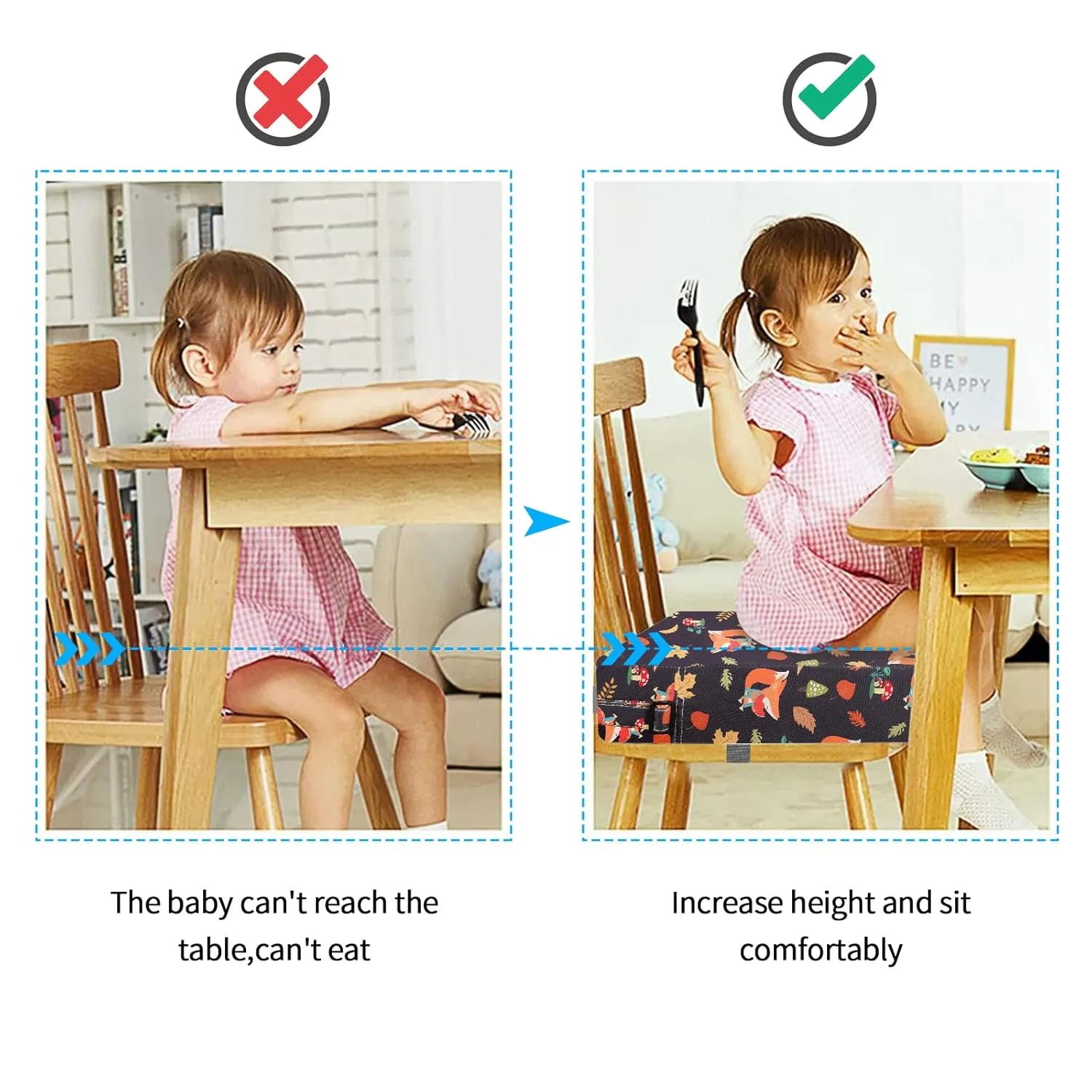Toddler Booster Seat for Dining Table, Stronger Support Double Safe Straps Booster Seat Dining Toddler, Portable Travel Increasing Cushion (Black Fox)