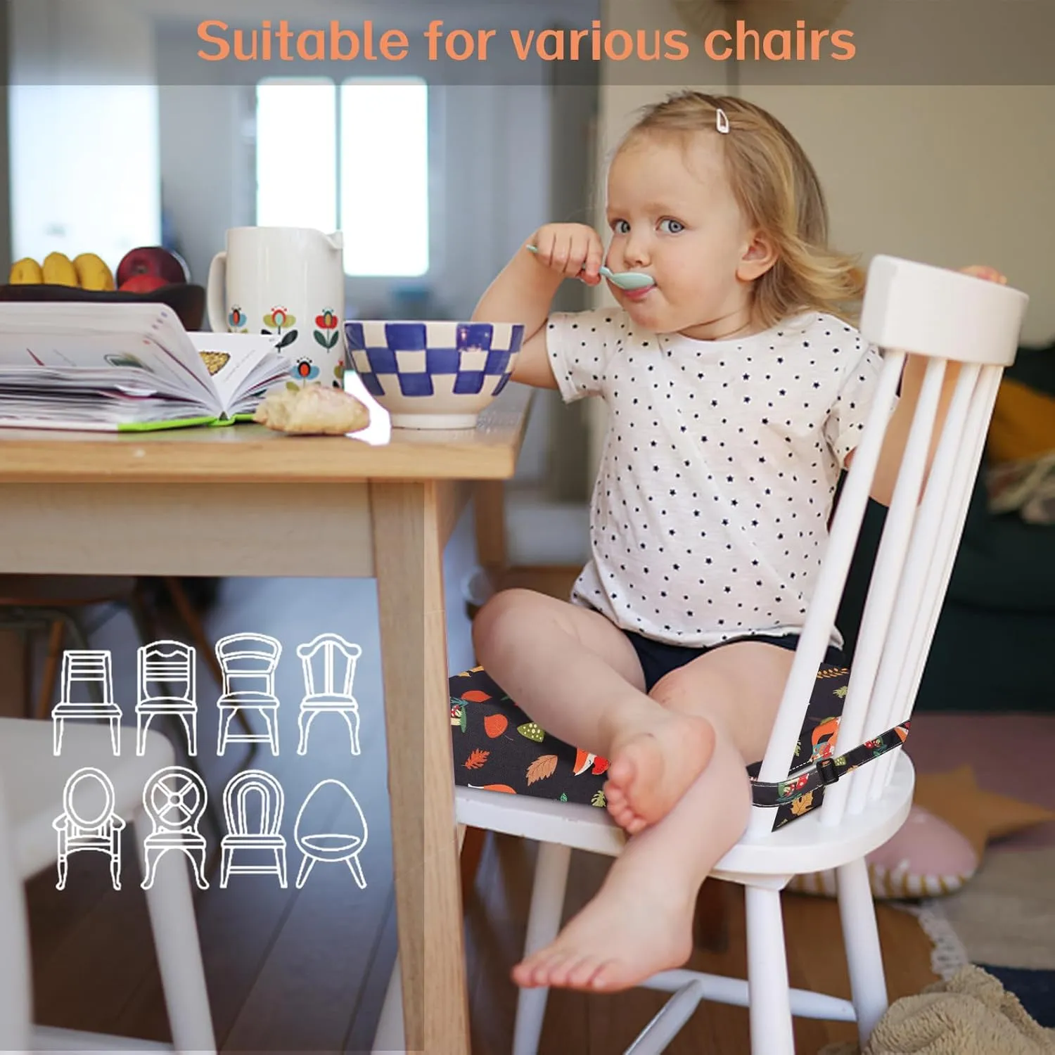 Toddler Booster Seat for Dining Table, Stronger Support Double Safe Straps Booster Seat Dining Toddler, Portable Travel Increasing Cushion (Black Fox)