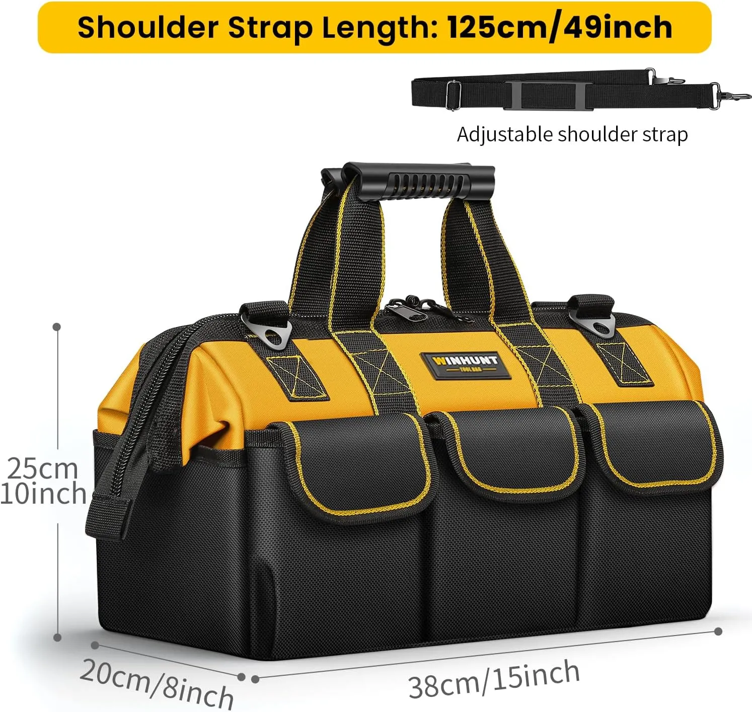 Tool Bag, 18-inch Wide Mouth Tool Organisers, 600 Denier Large Tool Bag for Home DIY & Equipment Storage, Yellow and Black (15 inch)