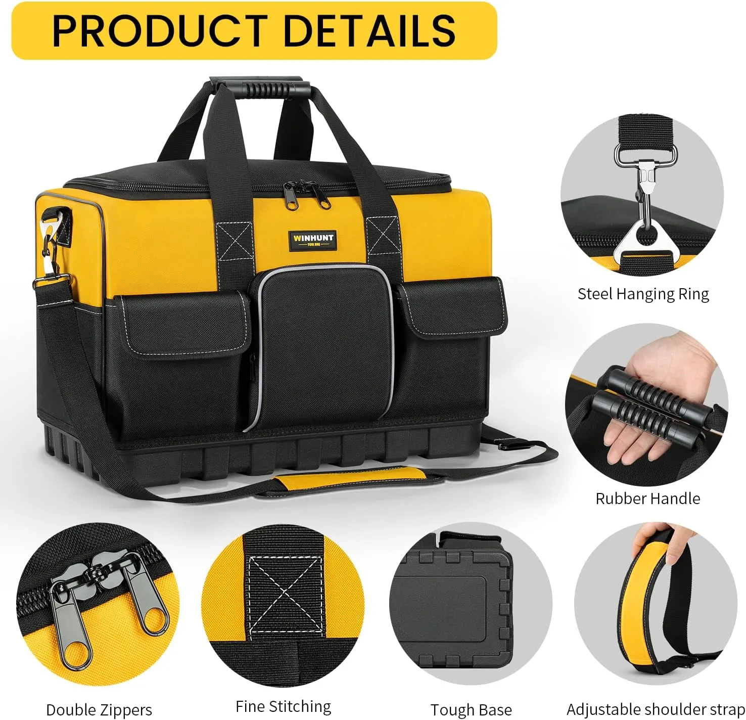 Tool Bag, 20-inch Tool Organisers, 600 Denier Large Tool Bag for Home DIY & Equipment Storage, Yellow and Black (50cm/20inch)