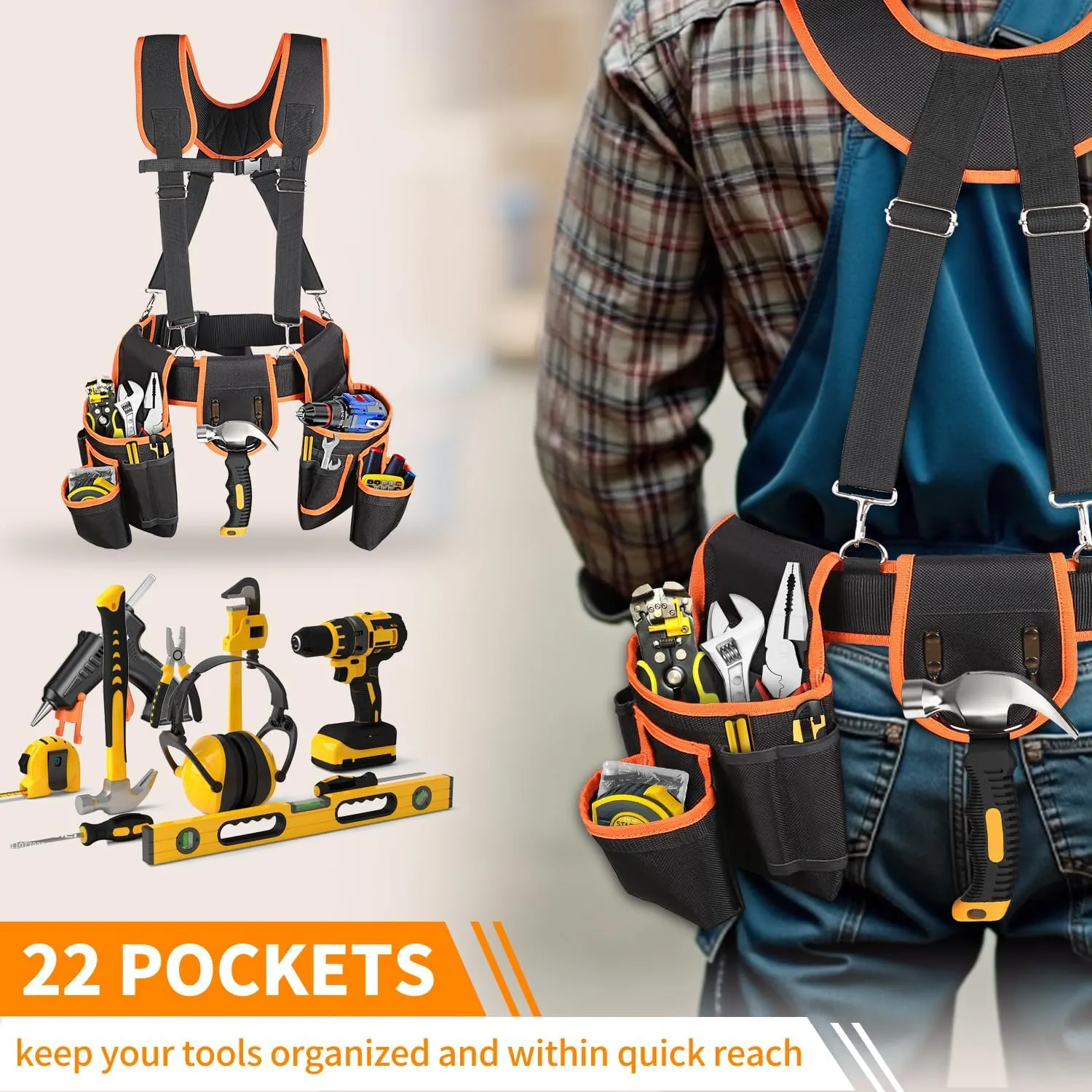 Tool Belt With Suspenders, 22 Pockets Tool Bags, Multi-Functional Adjustable Waist Tool Belt Heavy Duty Tool Organizer Suitable for Electrician,Framers,Carpenter, Construction (black, medium)
