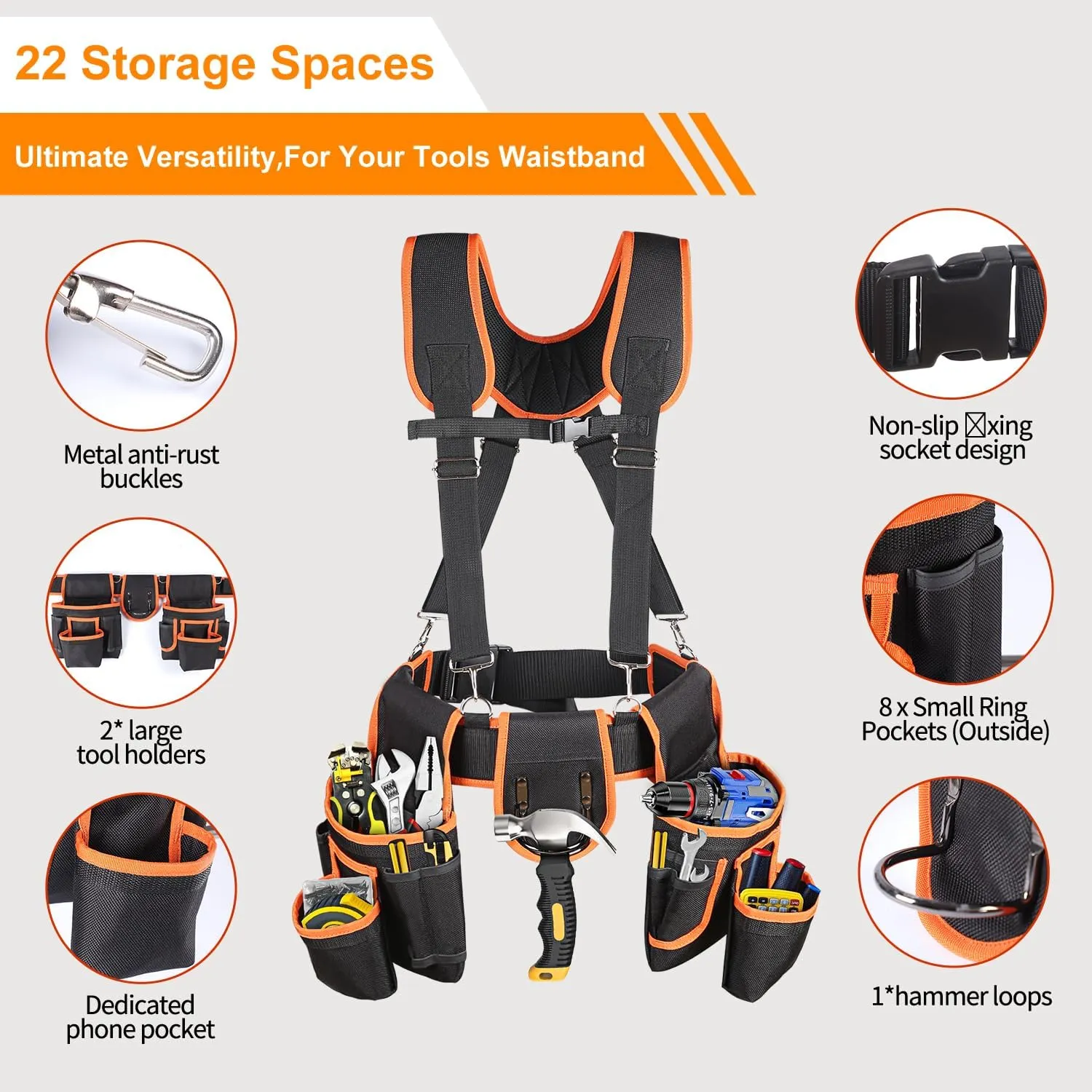 Tool Belt With Suspenders, 22 Pockets Tool Bags, Multi-Functional Adjustable Waist Tool Belt Heavy Duty Tool Organizer Suitable for Electrician,Framers,Carpenter, Construction (black, medium)
