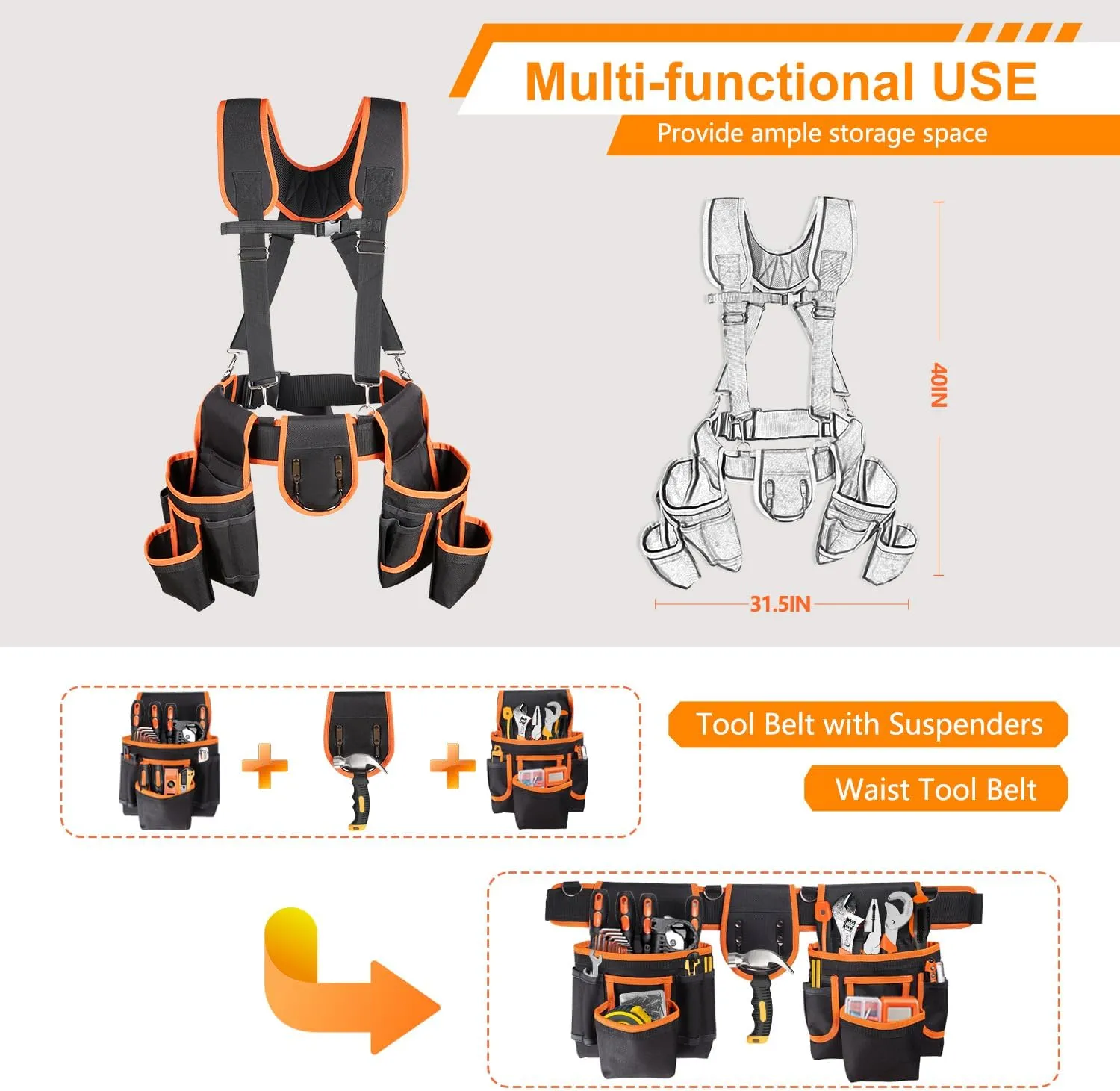 Tool Belt With Suspenders, 22 Pockets Tool Bags, Multi-Functional Adjustable Waist Tool Belt Heavy Duty Tool Organizer Suitable for Electrician,Framers,Carpenter, Construction (black, medium)