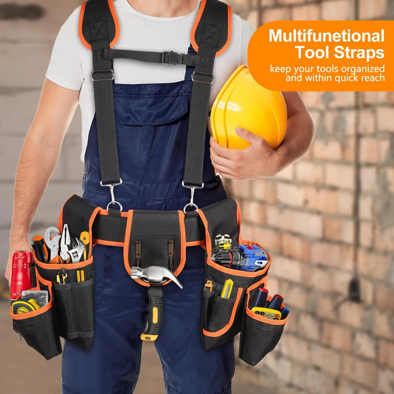Tool Belt With Suspenders, 22 Pockets Tool Bags, Multi-Functional Adjustable Waist Tool Belt Heavy Duty Tool Organizer Suitable for Electrician,Framers,Carpenter, Construction (black, medium)