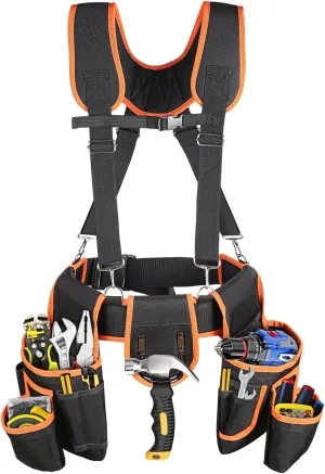 Tool Belt With Suspenders, 22 Pockets Tool Bags, Multi-Functional Adjustable Waist Tool Belt Heavy Duty Tool Organizer Suitable for Electrician,Framers,Carpenter, Construction (black, medium)