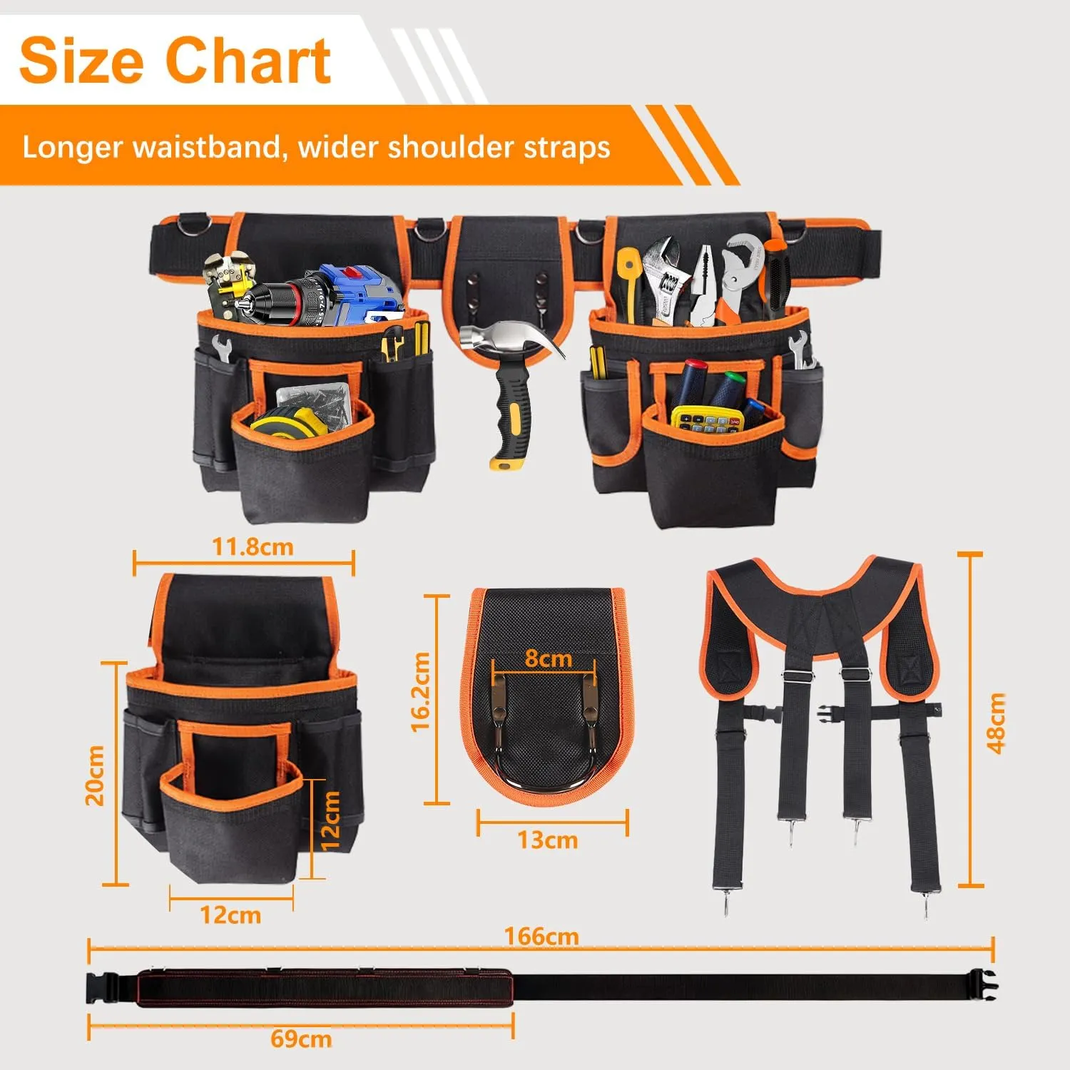 Tool Belt With Suspenders, 22 Pockets Tool Bags, Multi-Functional Adjustable Waist Tool Belt Heavy Duty Tool Organizer Suitable for Electrician,Framers,Carpenter, Construction (black, medium)