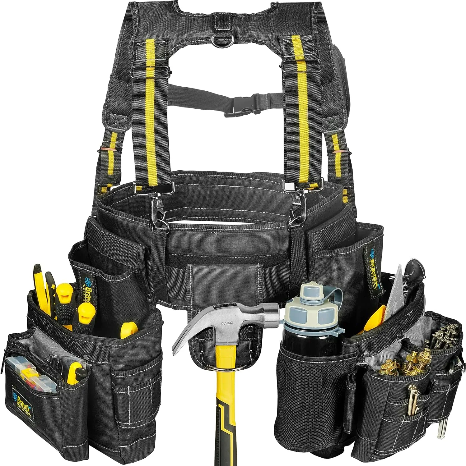 Tool Belt with Suspenders - Ultra tool belt 1200D Ballistic Nylon, Enlarged phone pocket, Tool bags for men construction Framers Carpenter Electrician