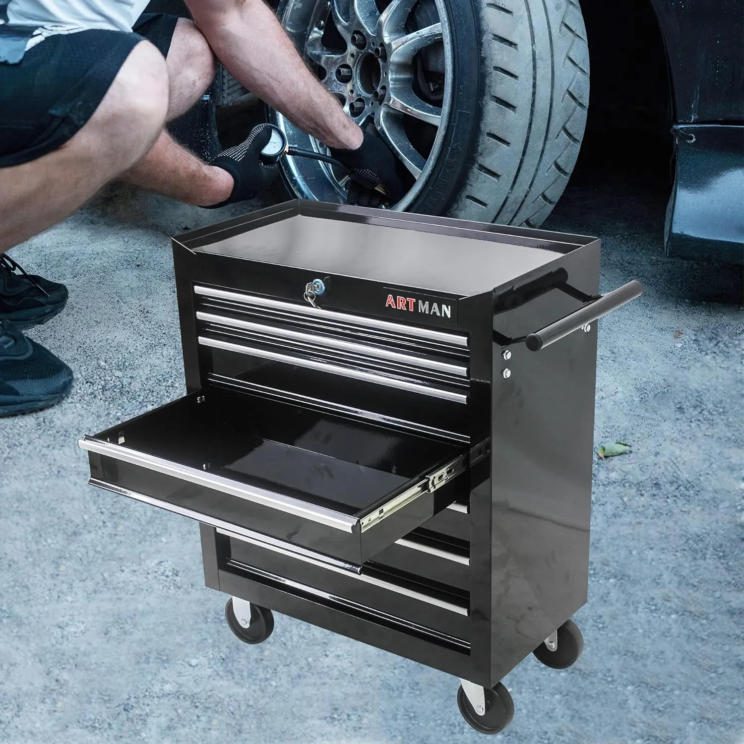Tool Chest with 7-Drawer Tool Box Organizers and Storage,Rolling Multifunctional Tool Cart on Wheels,Tool Storage Organizer Cabinets with Key Locking for Garage, Warehouse, Repair Shop. (Black)