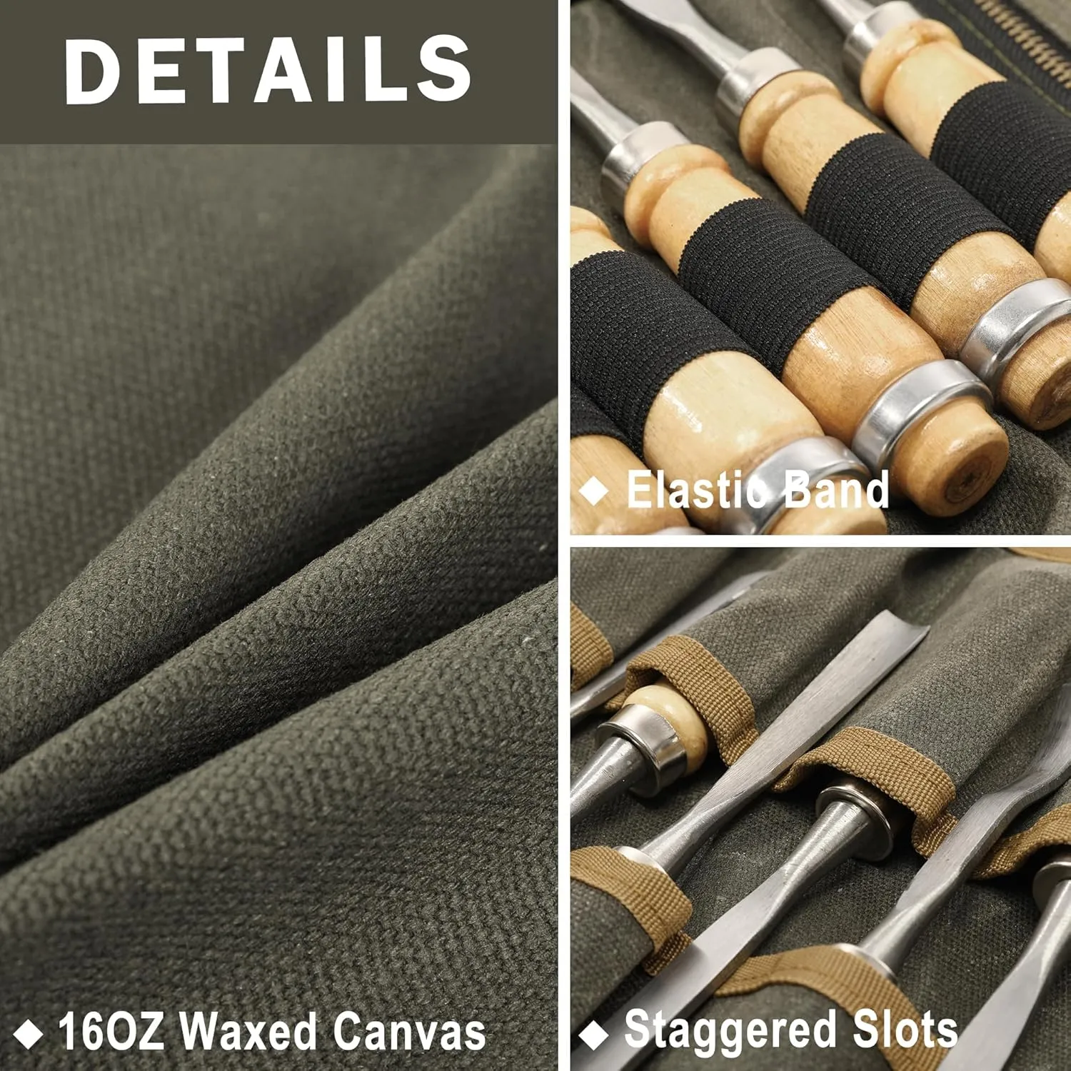 Tool Organization Roll Bag, Heavy Duty 16oz Waxed Canvas Tool Roll with 1 Detachable Zipper Pouch & 7 Tool Slots - Tool Storage Bag for Mechanics Plumbers Truckers | Army Green