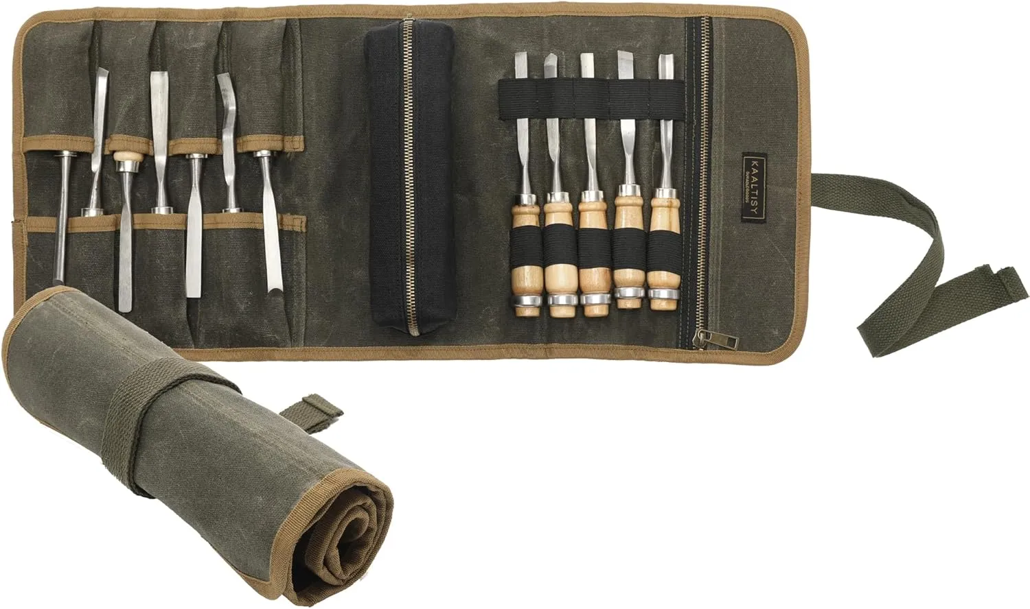 Tool Organization Roll Bag, Heavy Duty 16oz Waxed Canvas Tool Roll with 1 Detachable Zipper Pouch & 7 Tool Slots - Tool Storage Bag for Mechanics Plumbers Truckers | Army Green
