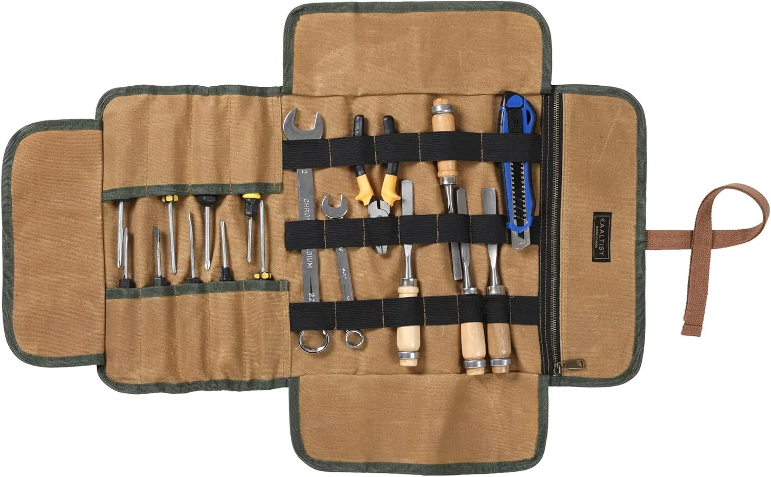 Tool Roll Bag | Heavy Duty 16oz Waxed Canvas Wrench Set Roll, Elastic Band Slots   9 Regular Slots - Khaki, Portable Hand Tool Storage Pouch for Wrench Plier Nuts Carpentry Tools | 24" x 12"