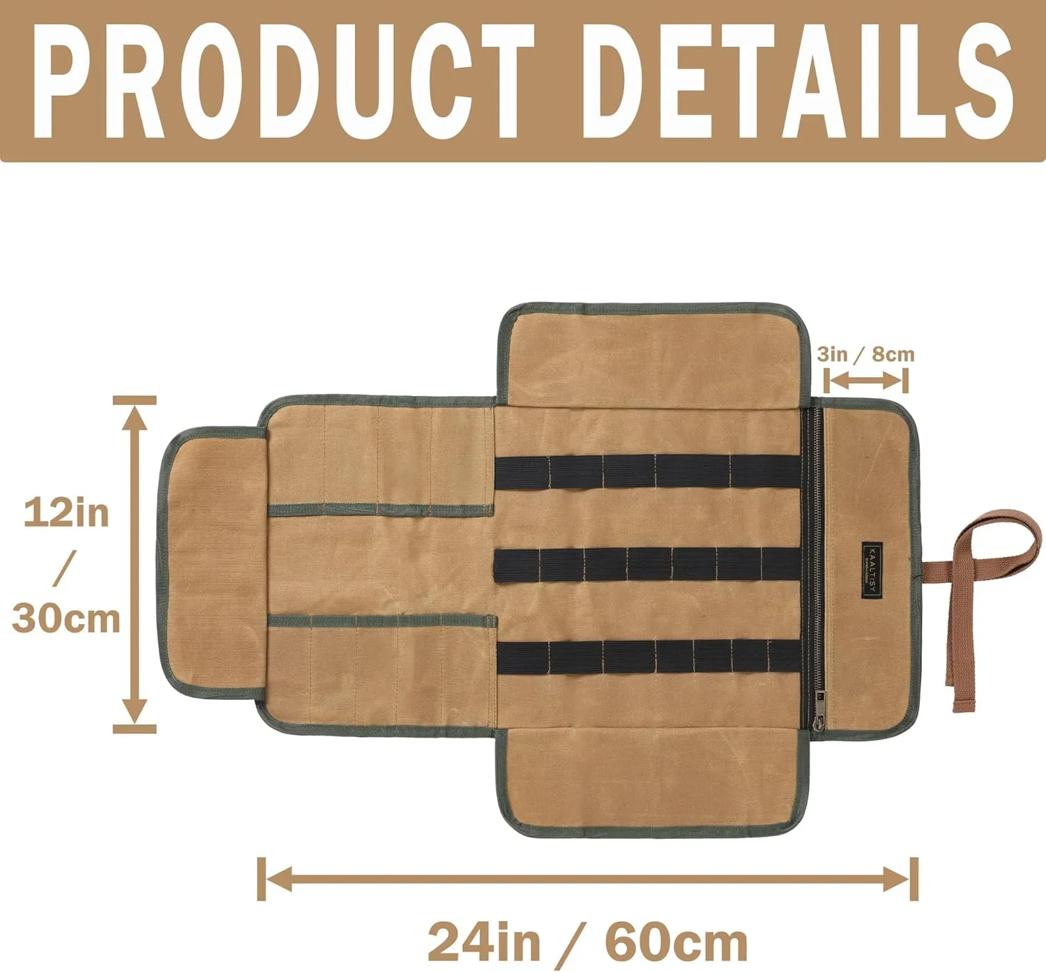 Tool Roll Bag | Heavy Duty 16oz Waxed Canvas Wrench Set Roll, Elastic Band Slots   9 Regular Slots - Khaki, Portable Hand Tool Storage Pouch for Wrench Plier Nuts Carpentry Tools | 24" x 12"