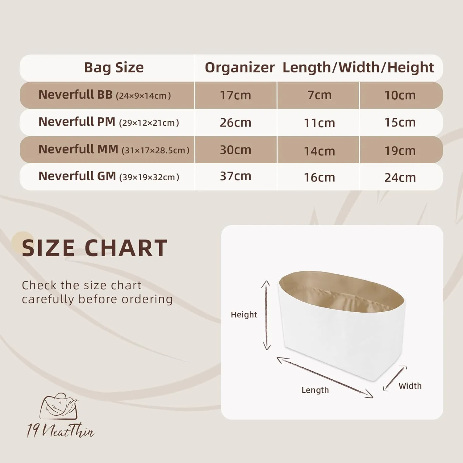 Tote Bag Organizer Insert, Lightweight Insert Compatible with LV Neverfull PM, Waterproof Dupontpaper Surface and Silky Satin Lining(Trench, PM)