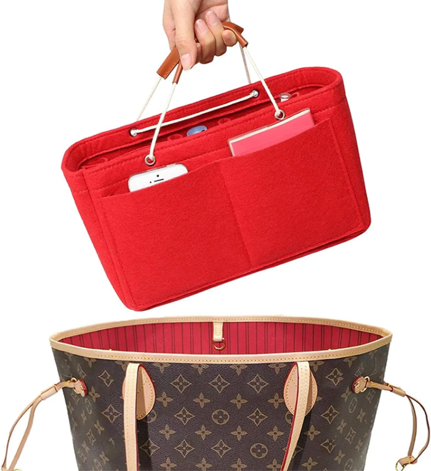 Tote Organizer Insert, Purse Insert for Handbags, Tote Bag Organizer with 11 Pockets, Suitable for Neverful for Speedy for Carryall for Birkin and More (Red, L)