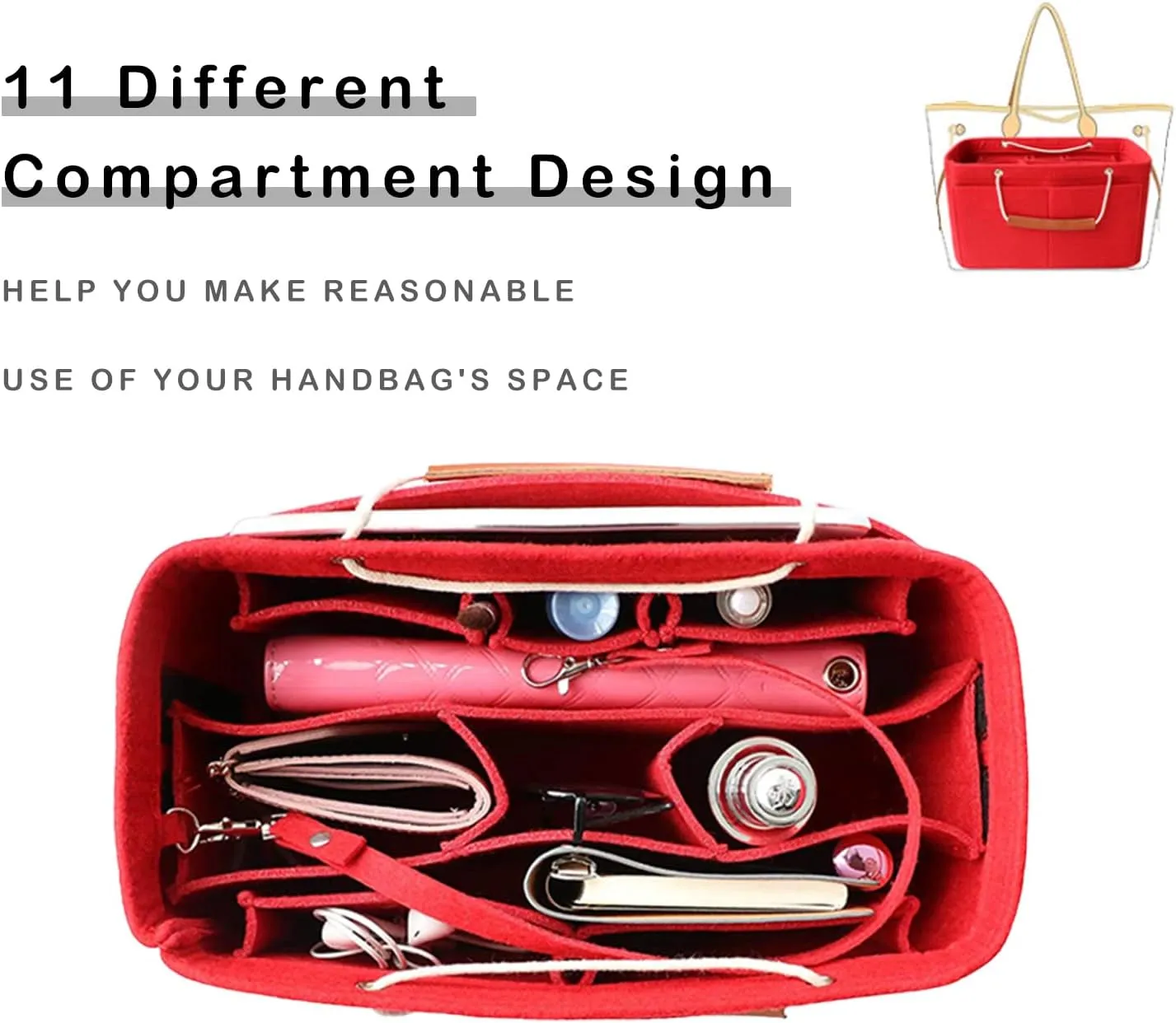 Tote Organizer Insert, Purse Insert for Handbags, Tote Bag Organizer with 11 Pockets, Suitable for Neverful for Speedy for Carryall for Birkin and More (Red, L)