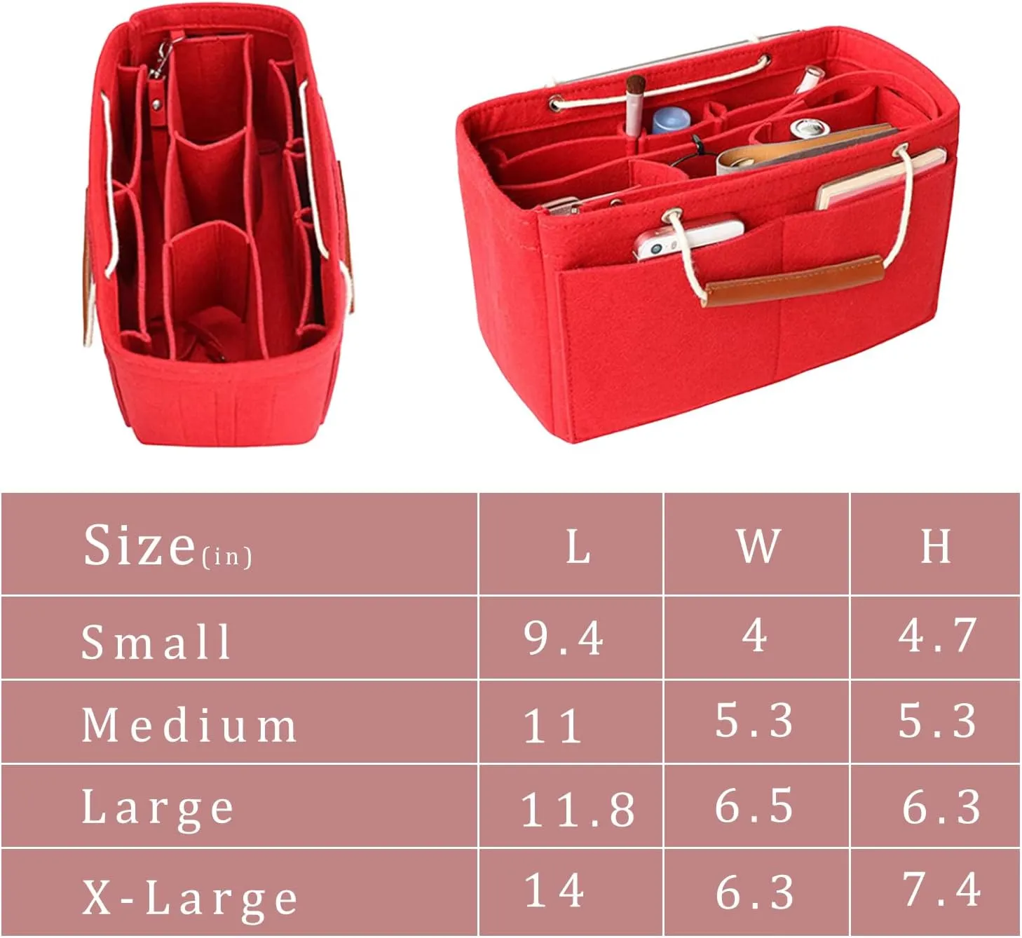 Tote Organizer Insert, Purse Insert for Handbags, Tote Bag Organizer with 11 Pockets, Suitable for Neverful for Speedy for Carryall for Birkin and More (Red, L)