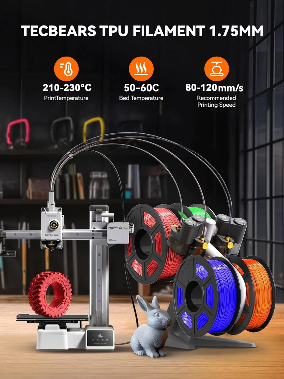 TPU Filament 1.75mm, 95A 3D Printer Filament, Flexible TPU Filament for Fast Printing, 250G Spool, 8 Rolls, 2KG in Total, Black White Transparent Grey Red Blue Green Orange