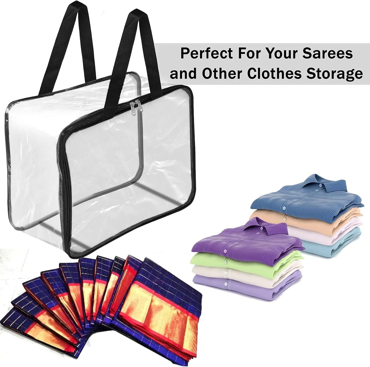 Transparent Pvc Storage Bag for Saree Covers,Clothes, Lehenga, Blankets, Bedsheets, Toys, Docs | Wardrobe Organizer | Clear Storage Box Bag (2, Transparent)