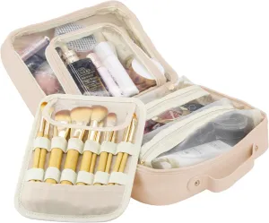 Travel Makeup Bag Large Capacity Cosmetic Organizer Waterproof Leather Toiletry Bag with Brush Holder and Handle Portable Cosmetic Storage Bag for Women Girls Gift - Pink
