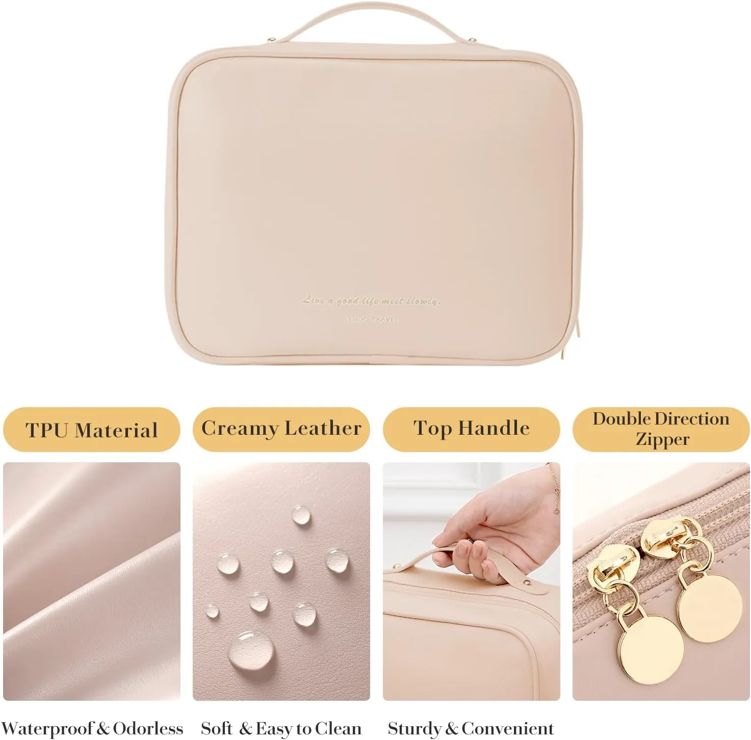 Travel Makeup Bag Large Capacity Cosmetic Organizer Waterproof Leather Toiletry Bag with Brush Holder and Handle Portable Cosmetic Storage Bag for Women Girls Gift - Pink