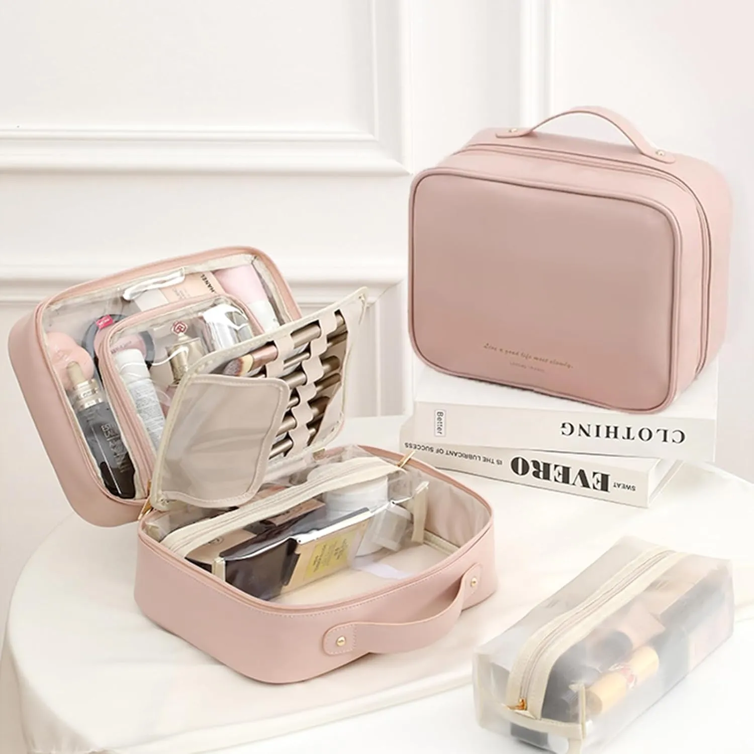 Travel Makeup Bag Large Capacity Cosmetic Organizer Waterproof Leather Toiletry Bag with Brush Holder and Handle Portable Cosmetic Storage Bag for Women Girls Gift - Pink
