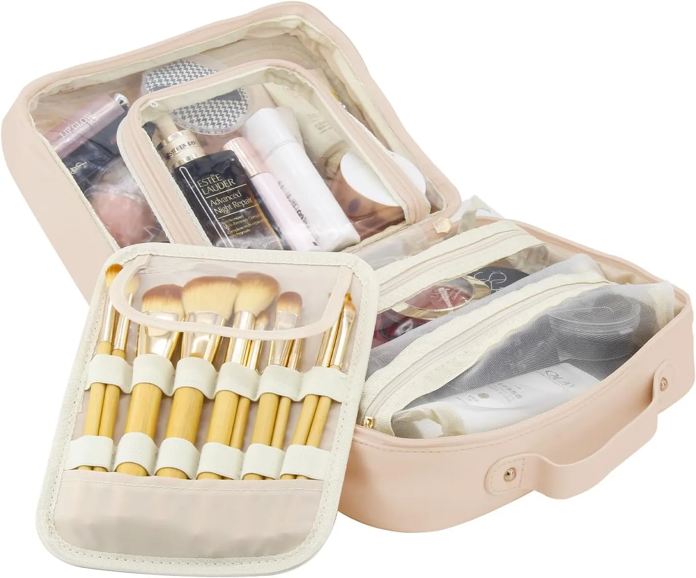 Travel Makeup Bag Large Capacity Cosmetic Organizer Waterproof Leather Toiletry Bag with Brush Holder and Handle Portable Cosmetic Storage Bag for Women Girls Gift - Pink