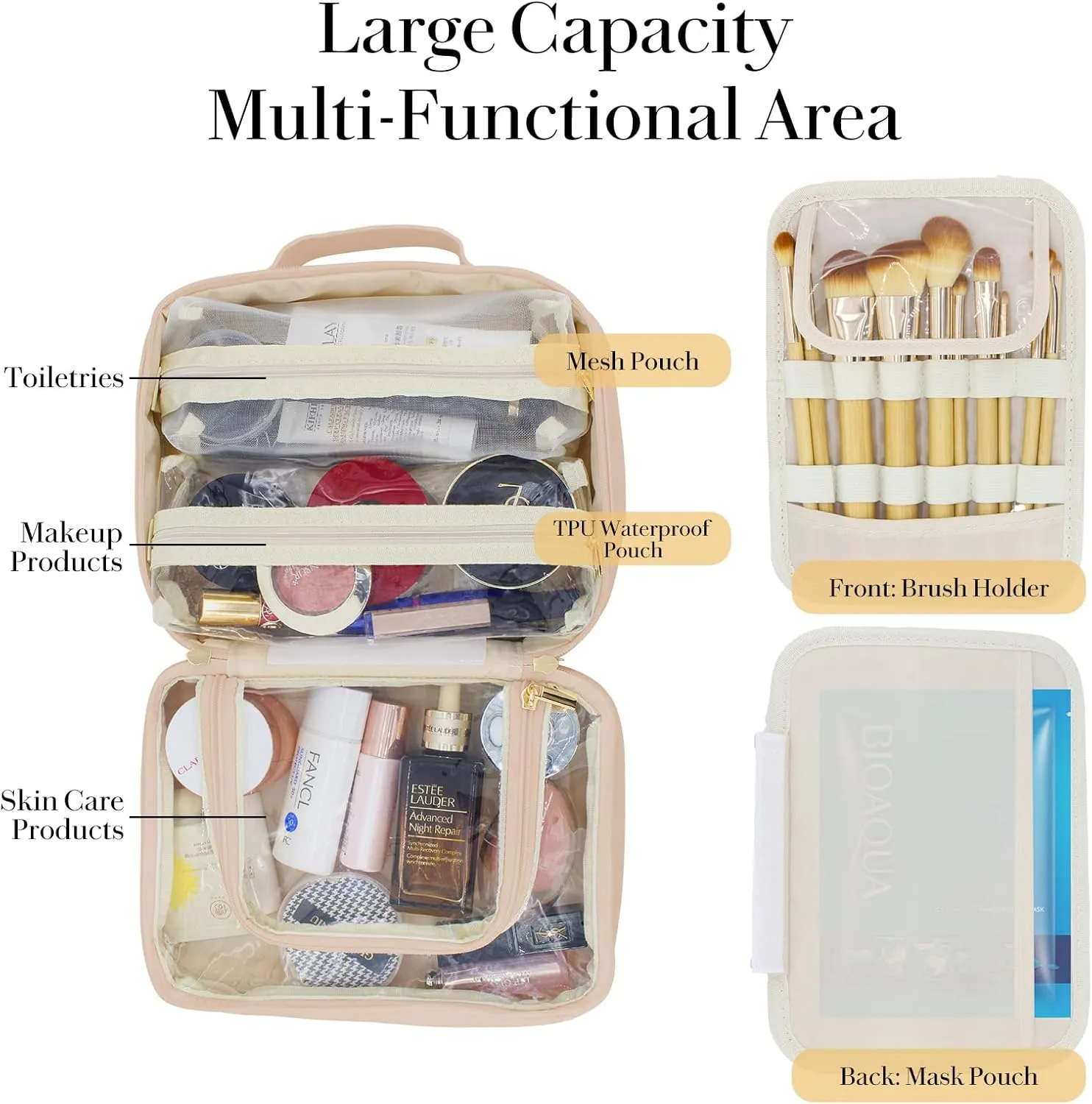 Travel Makeup Bag Large Capacity Cosmetic Organizer Waterproof Leather Toiletry Bag with Brush Holder and Handle Portable Cosmetic Storage Bag for Women Girls Gift - Pink