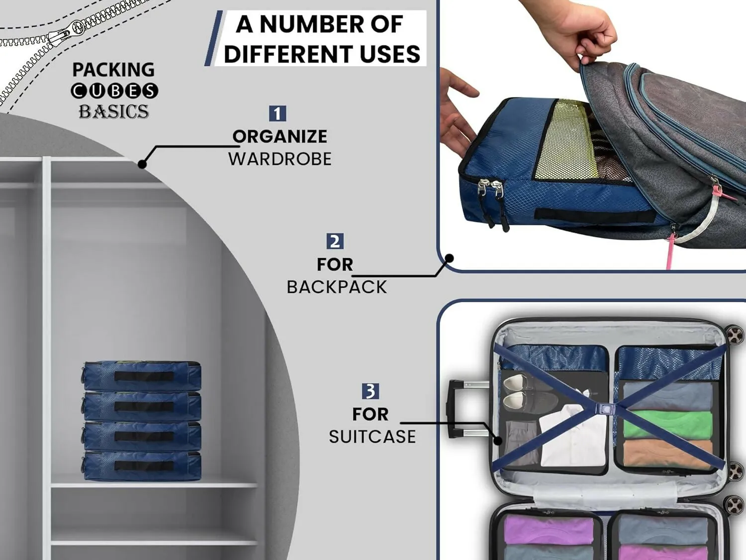 Travel Packing Cubes Polyester Organizer Bags (Pack of 4,Navy Blue)
