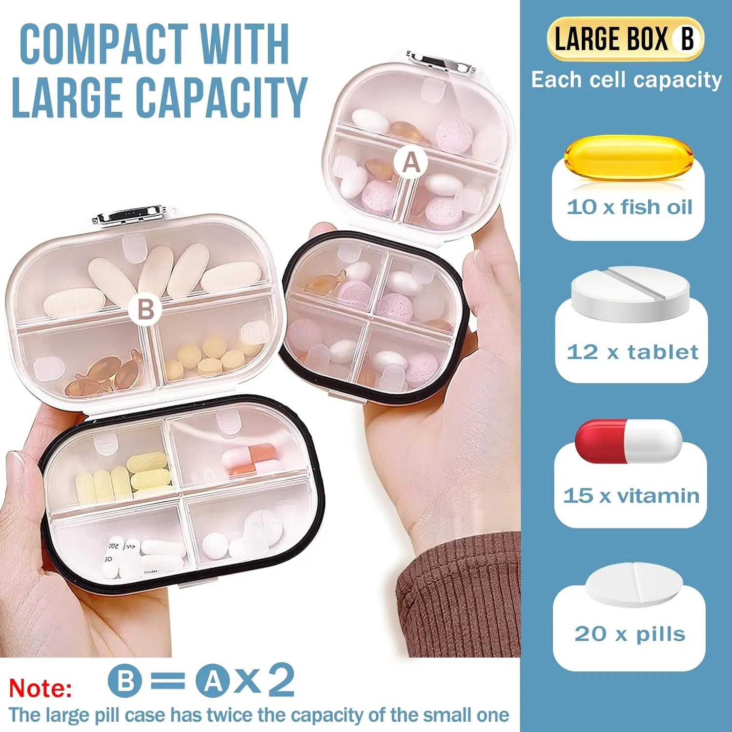 Travel Pill Organizer, 2 Pack Portable Pill Box 7 Day Small Pill Case Moisture Proof Daily Medicine Vitamin Container for Vitamins, Supplements Medication Tracker Travel Essentials (Small  Large)