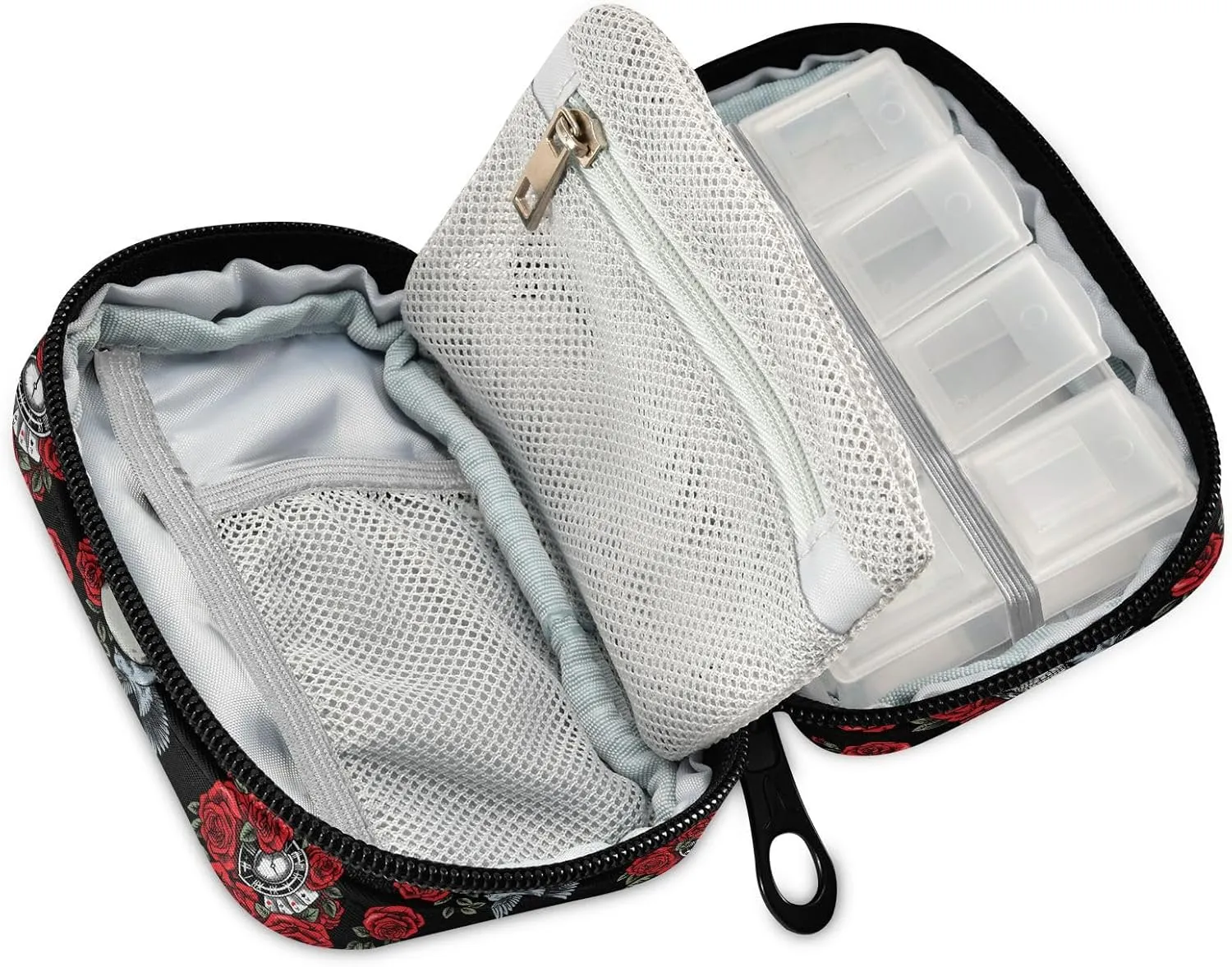 Travel Pill Organizer Bag Weekly Pill Organizer Case Skull Rose Clock Pigeon Portable Small Daily Pill Boxes for Vitamin Fish Oils Supplement Holder with Zipper Compact Size