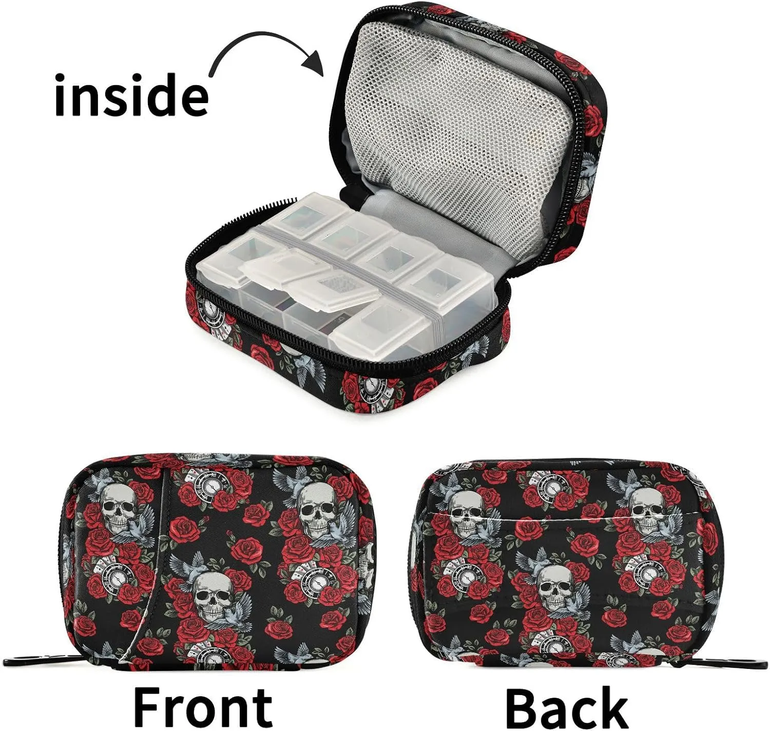 Travel Pill Organizer Bag Weekly Pill Organizer Case Skull Rose Clock Pigeon Portable Small Daily Pill Boxes for Vitamin Fish Oils Supplement Holder with Zipper Compact Size