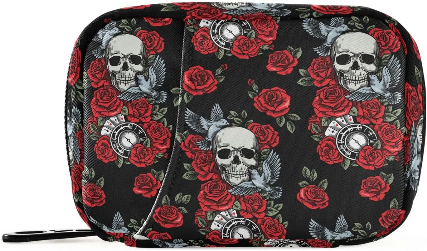 Travel Pill Organizer Bag Weekly Pill Organizer Case Skull Rose Clock Pigeon Portable Small Daily Pill Boxes for Vitamin Fish Oils Supplement Holder with Zipper Compact Size