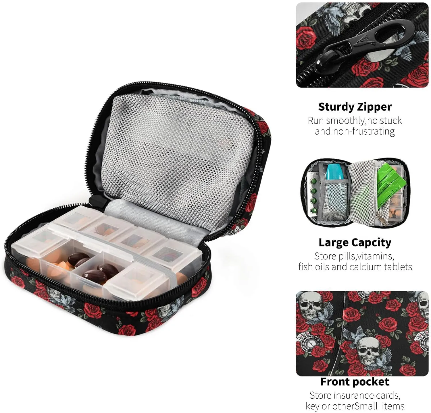 Travel Pill Organizer Bag Weekly Pill Organizer Case Skull Rose Clock Pigeon Portable Small Daily Pill Boxes for Vitamin Fish Oils Supplement Holder with Zipper Compact Size